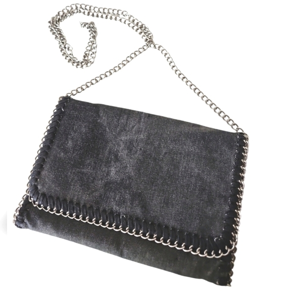 URBAN EXPRESSIONS BLACK DENIM CROSSBODY SILVER CHAIN - Picture 3 of 10